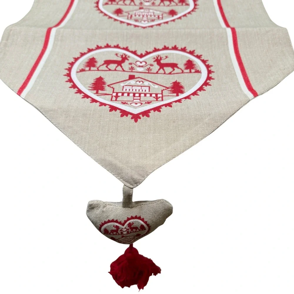 Deco Scandinavian Reindeer Heart Table Runner 40x150cm Chalet Cotton Tassels NEW